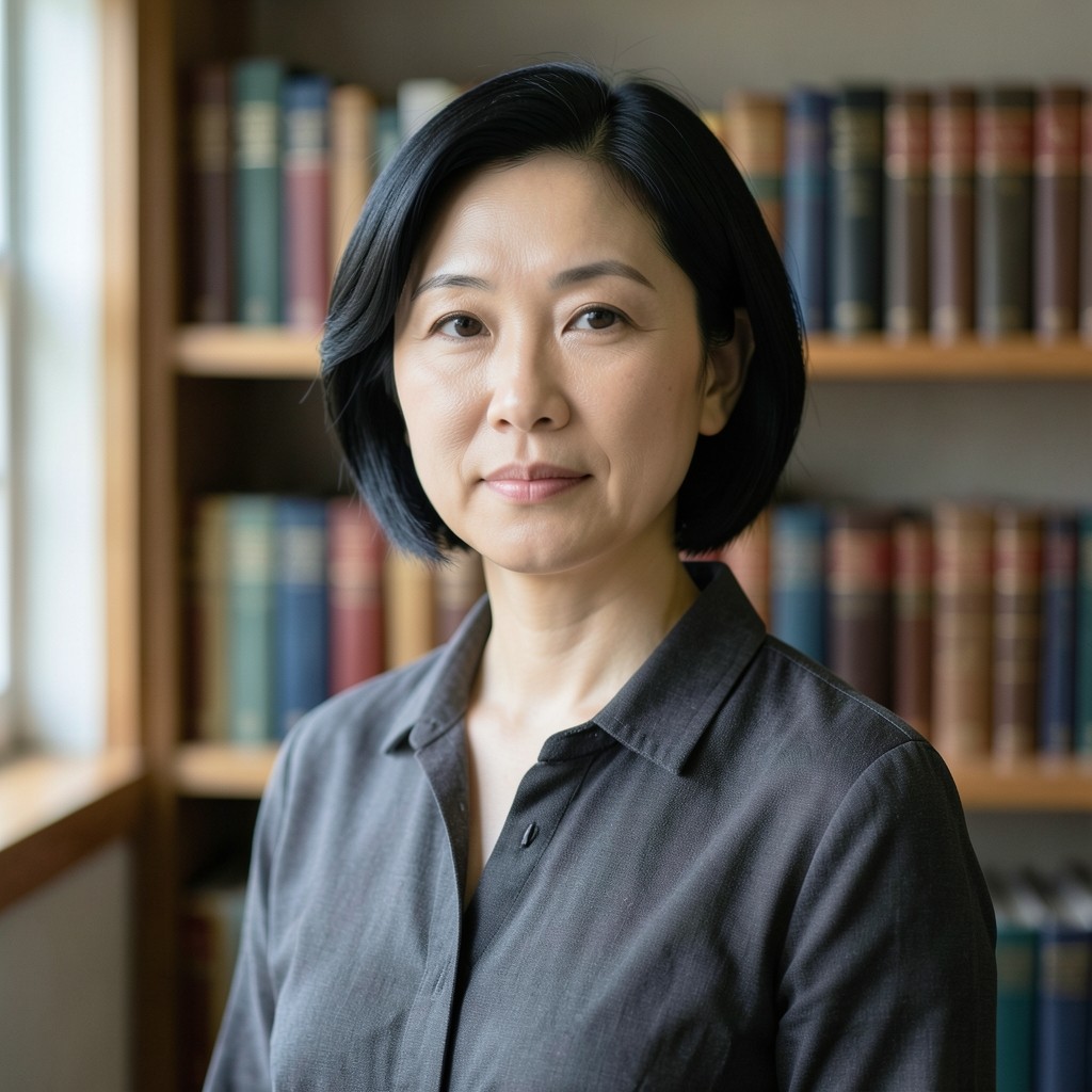 Portrait of a woman in a charcoal blouse standing in a quiet library