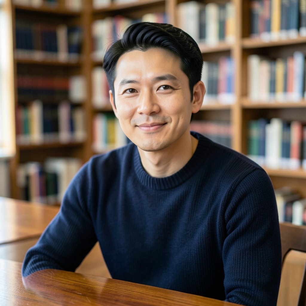 Portrait of a man in a navy knit seated at a library table