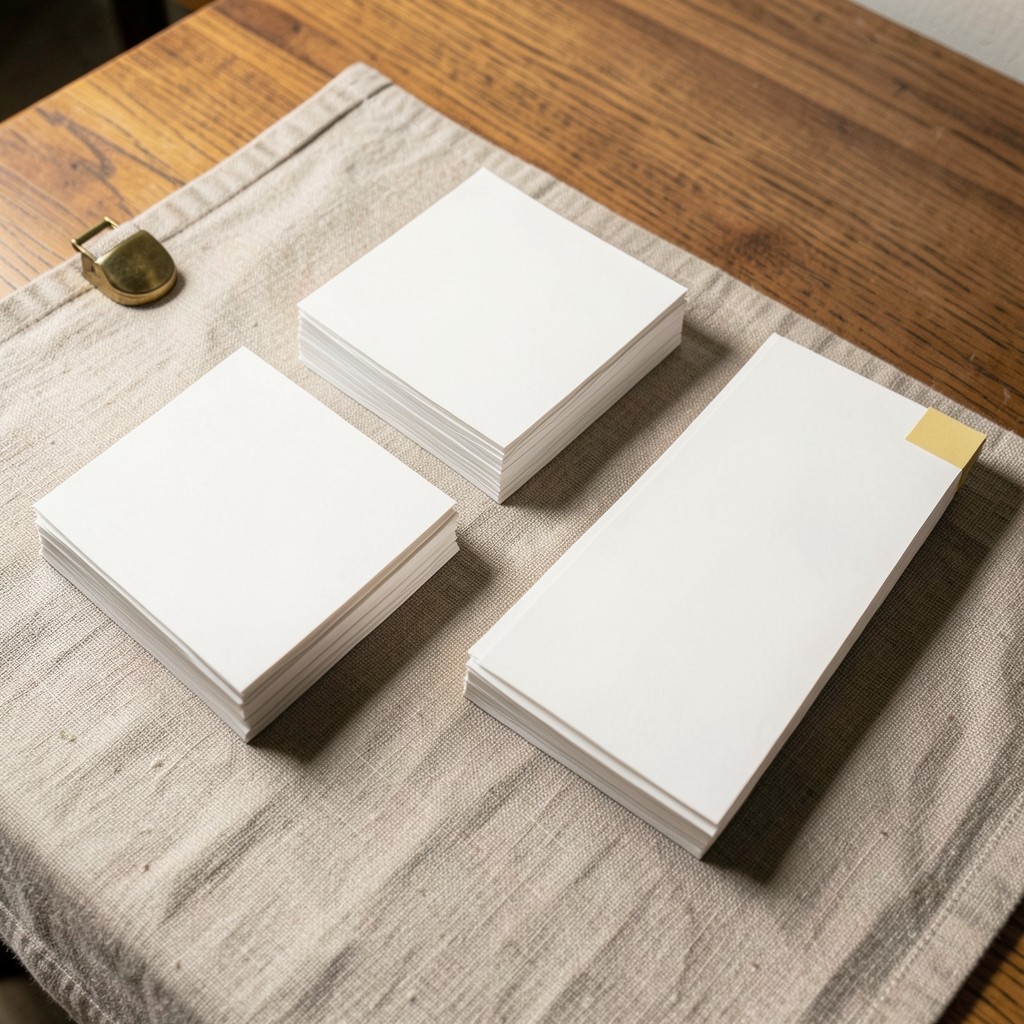 Blank index cards stacked in separate piles on a linen desk