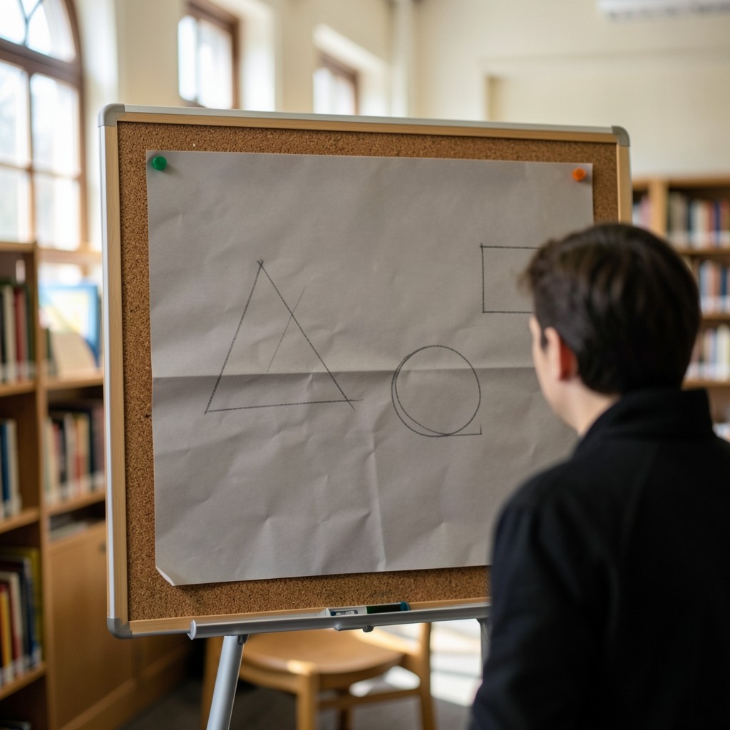 A person facing a board with a large sheet of paper marked by unlabeled pencil shapes