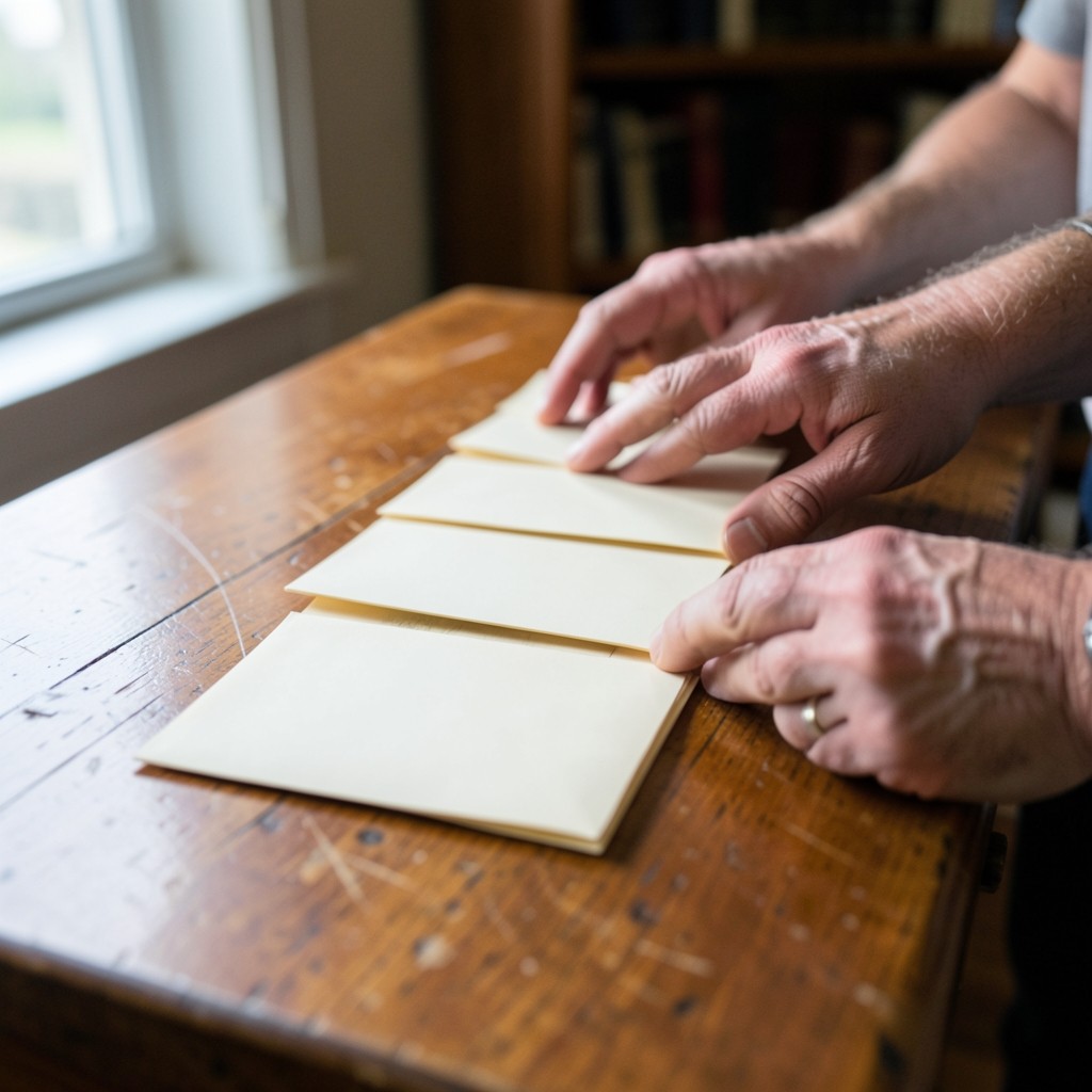 Hands arranging a row of blank envelopes on a wooden table