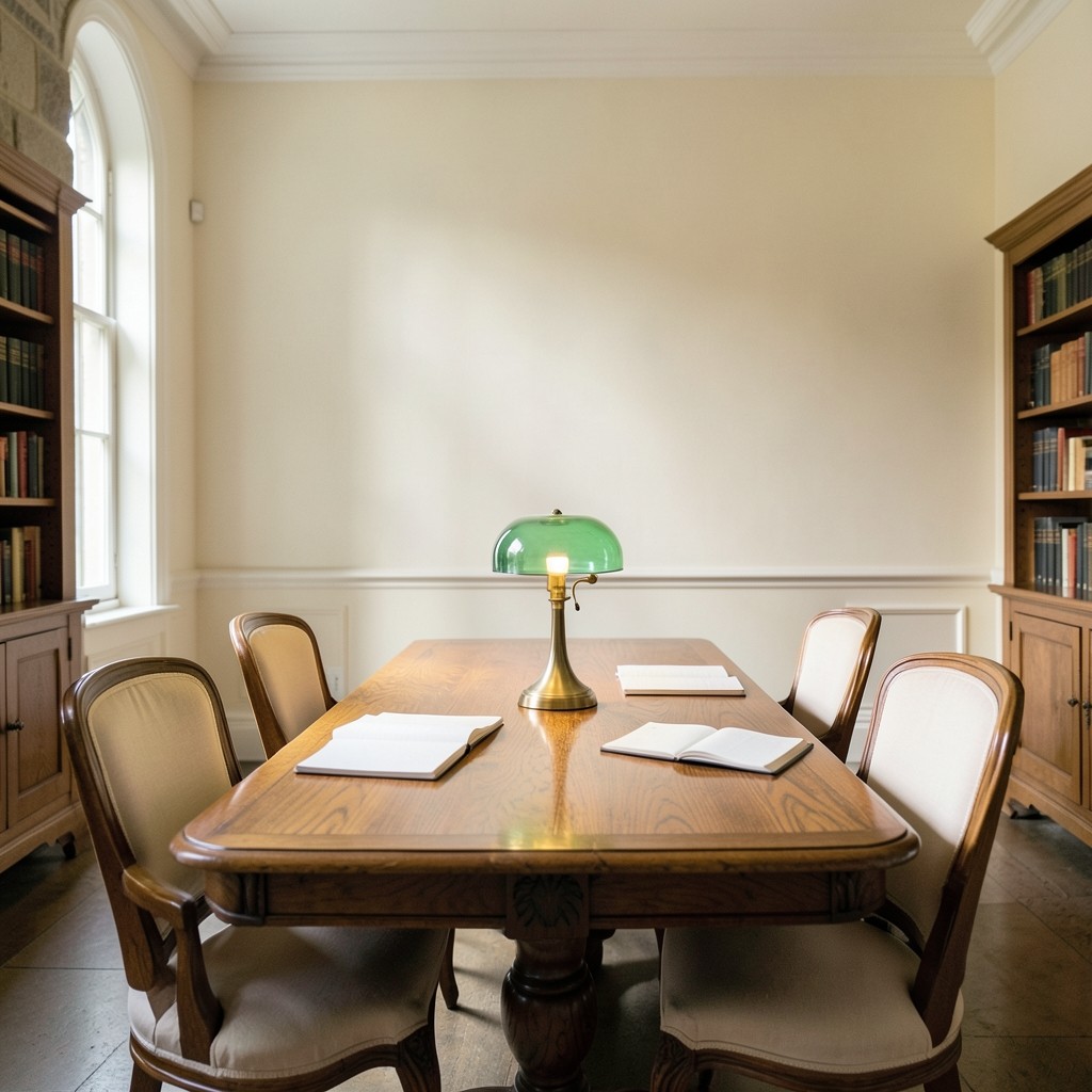 Oak reading table and linen chairs in a quiet library room with afternoon window light