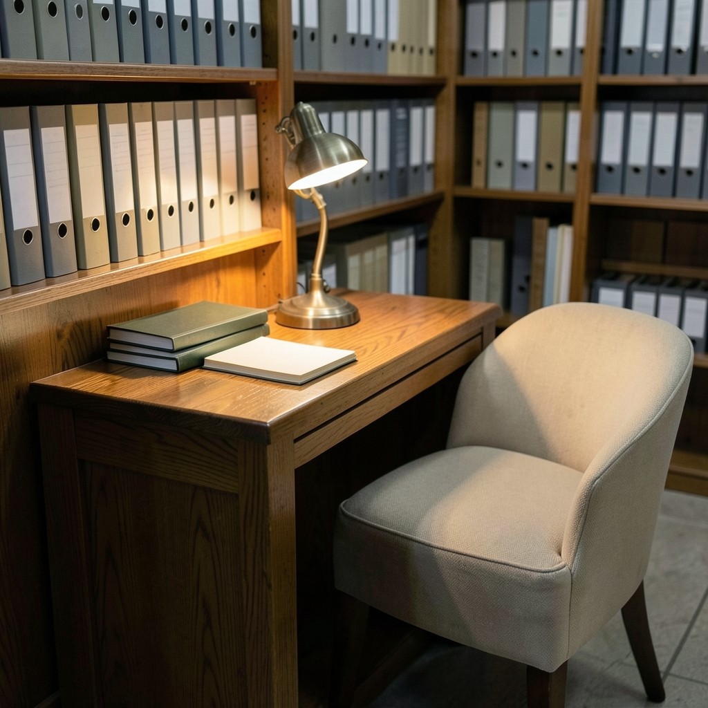 A single reading carrel with notebooks and a lamp beside shelves of plain binders