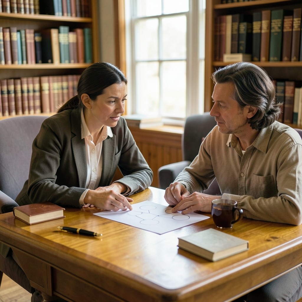 Two adults at a library desk looking at a hand-drawn diagram on paper