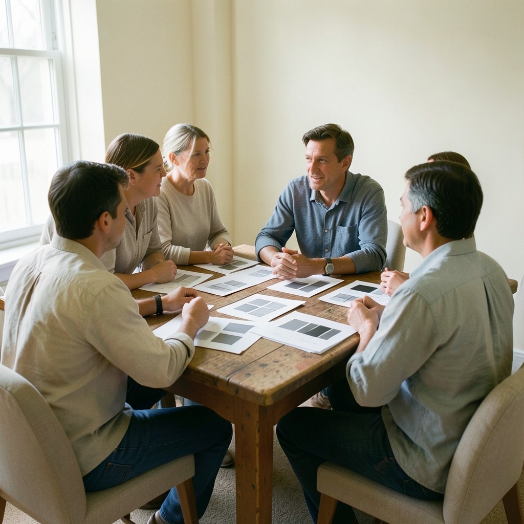 Tutor and four adult learners seated around a library table with printed study sheets