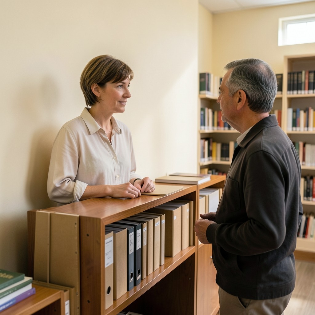 A librarian showing a visitor a shelf of plain binders and notebooks